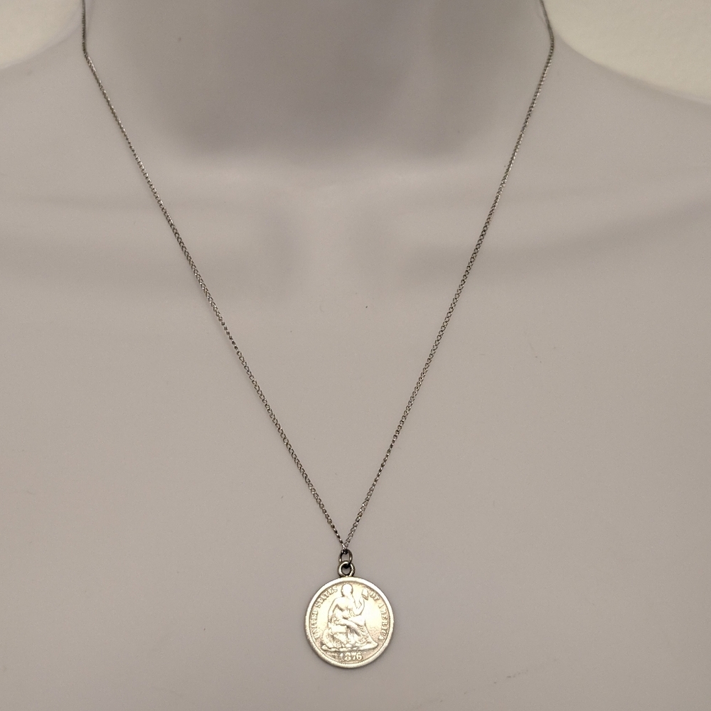 VINTAGE Love Token Coin Necklace 1876 Seated Liberty Sterling Silver Pendent - Picture 3 of 10